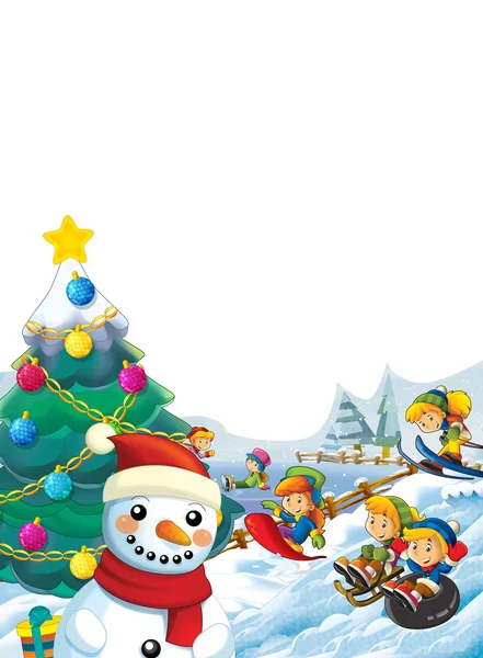 Christmas scene with happy kids and christmas tree — Stock Photo, Image