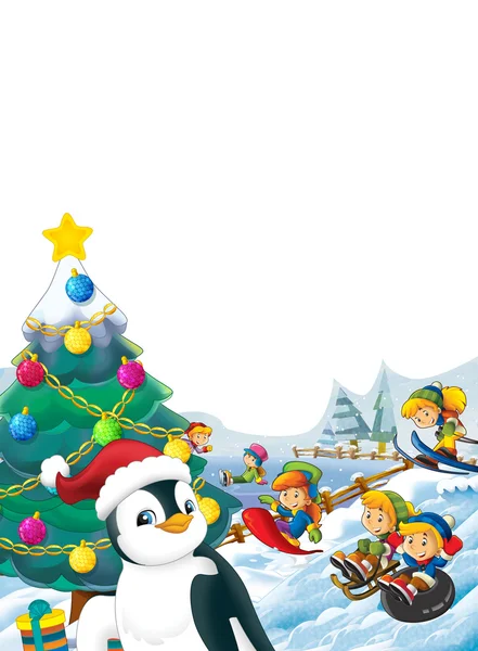 Cena de Natal com crianças felizes e árvore de Natal — Fotografia de Stock