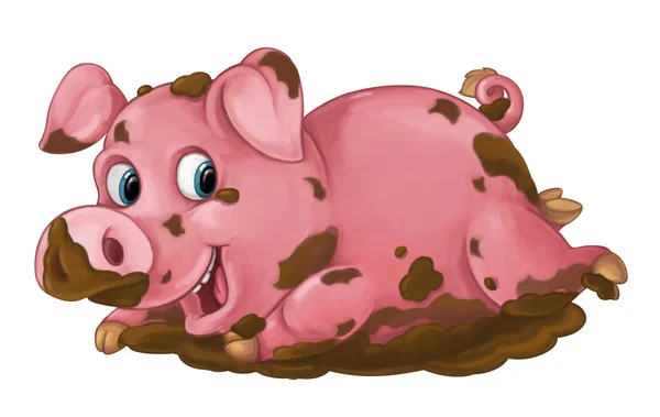 Dessin animé cochon heureux joue dans la boue — Photo