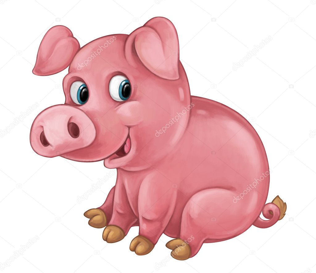 Cartoon happy pig is looking and smiling