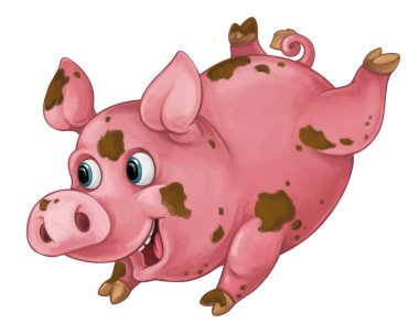 Karikatür mutlu domuz oynuyor çamur ve atlama - seyir içinde ve - tarzı - gülümseyen izole - illüstrasyon çocuklar için