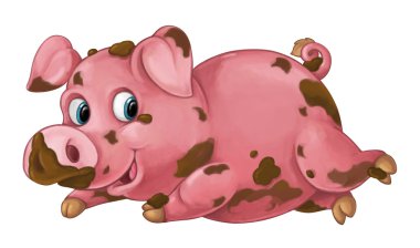 Karikatür mutlu domuz çamura oynuyor - seyir ve - tarzı - gülümseyen izole - illüstrasyon çocuklar için
