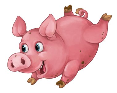 Karikatür domuz gülümseyen ve - tarzı - seyir çalıştıran atlama mutlu izole - illüstrasyon çocuklar için