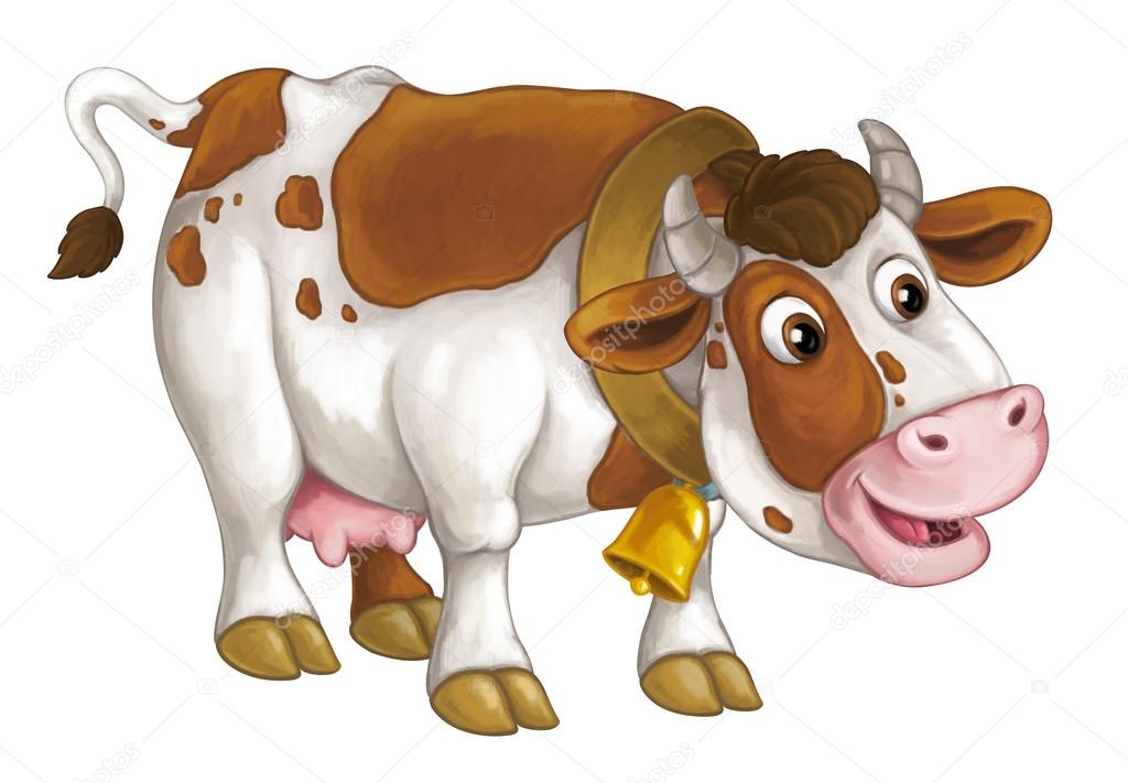 cheerful cow is standing, smiling and looking