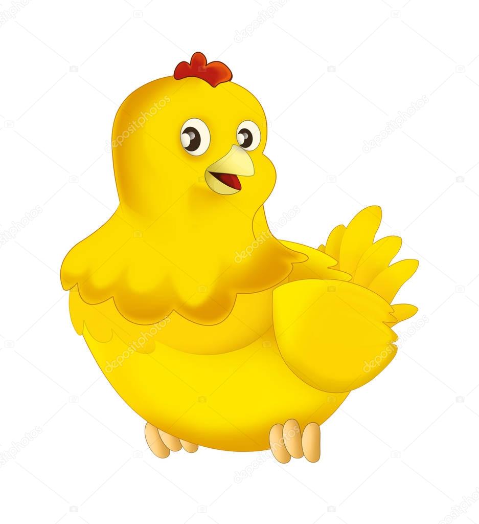 cheerful little chicken is standing, smiling and looking