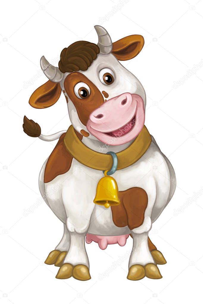 cheerful cow is standing, smiling and looking