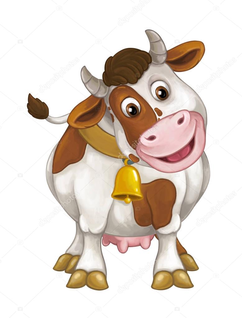 cheerful cow is standing, smiling and looking