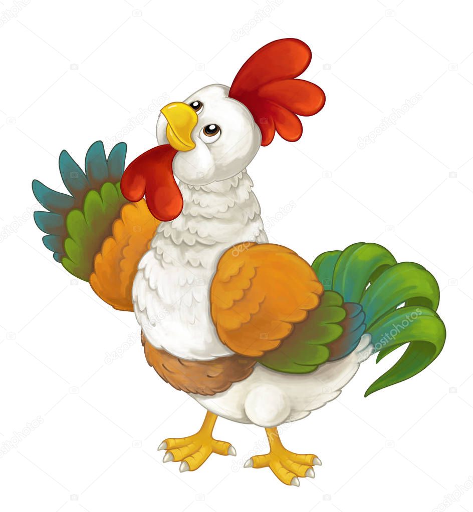 allegro Gallo ¨ in piedi sorridente e alla ricerca — Foto Stock Animale da fattoria felice fumetto allegro Gallo ¨ in piedi sorridente e cerca stile artistico isolato illustrazione per bambini