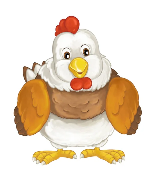 cheerful hen is standing, smiling and looking