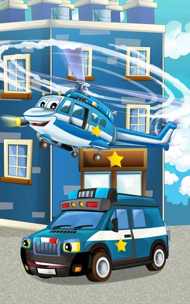 Carro de polícia feliz e engraçado e helicóptero — Fotografia de Stock