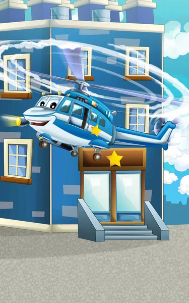 Cartoon happy and funny police car and helicopter — Stock Photo, Image