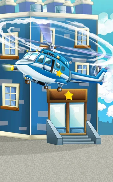 Cartoon gelukkig en grappige politiewagen en een helikopter — Stockfoto