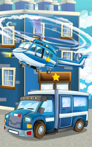 Cartoon happy and funny police car and helicopter