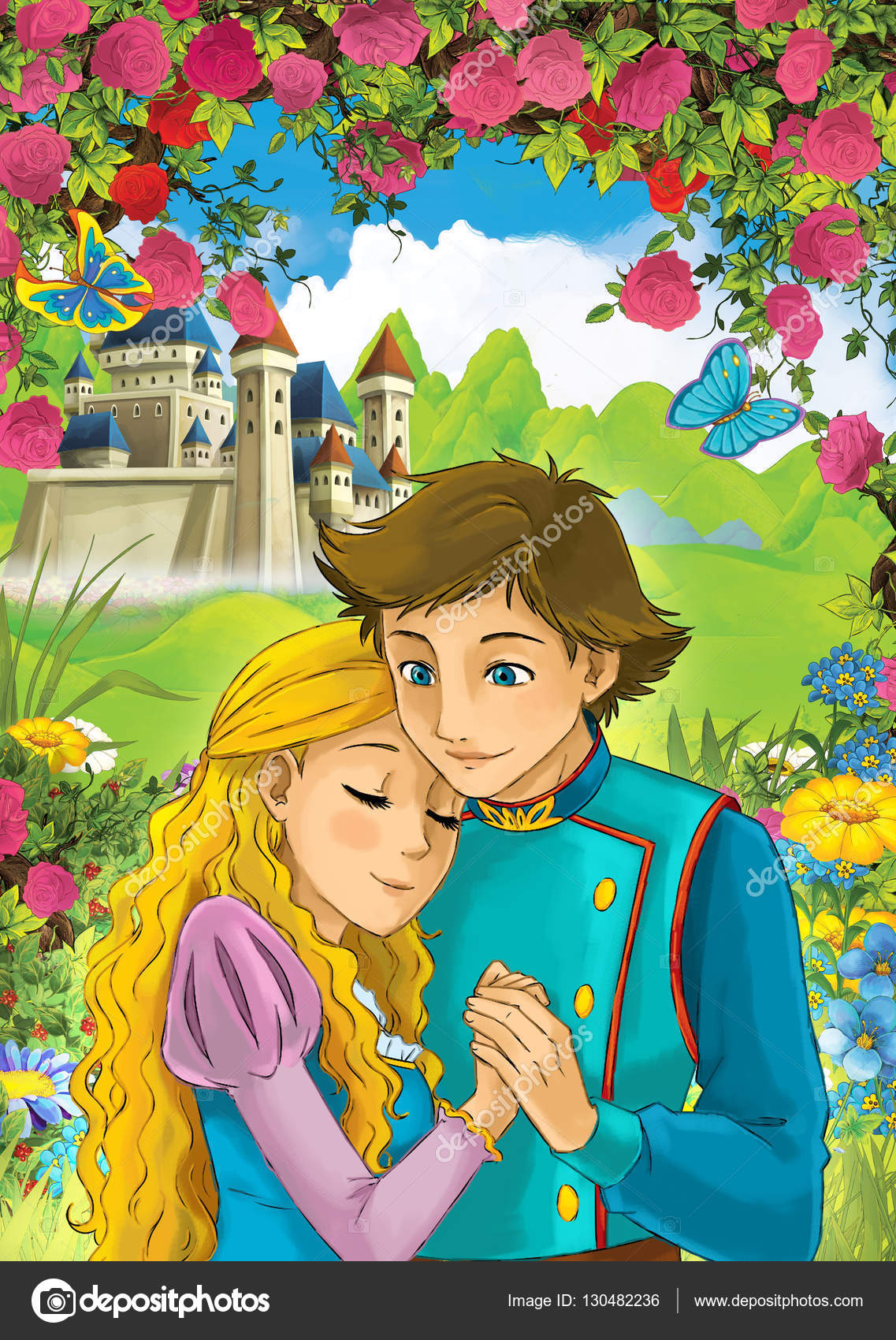 honored-crab245: The prince and princess, the protagonists of fairy tales,  walking hand in hand, the background is a palace and a flower field