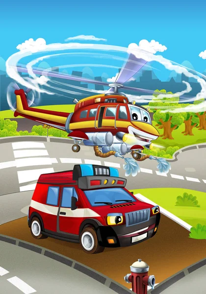 Verschiedene Maschinen für die Brandbekämpfung - LKW und Hubschrauber — Stockfoto