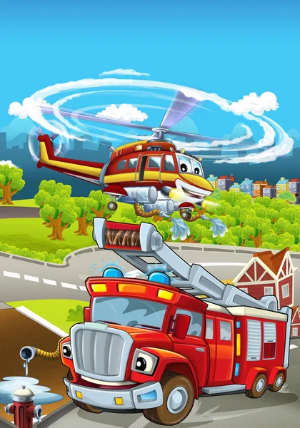 Różne maszyny do gaszenia pożaru - ciężarówki i helikopter — Zdjęcie stockowe