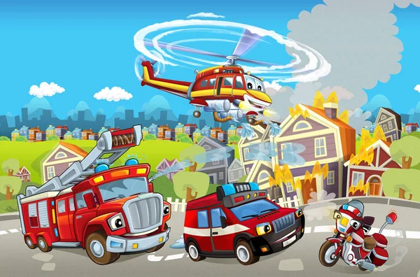 Cartoon stage con diverse macchine per la lotta antincendio - camion ed elicottero - scena colorata e allegra - illustrazione per bambini — Foto Stock