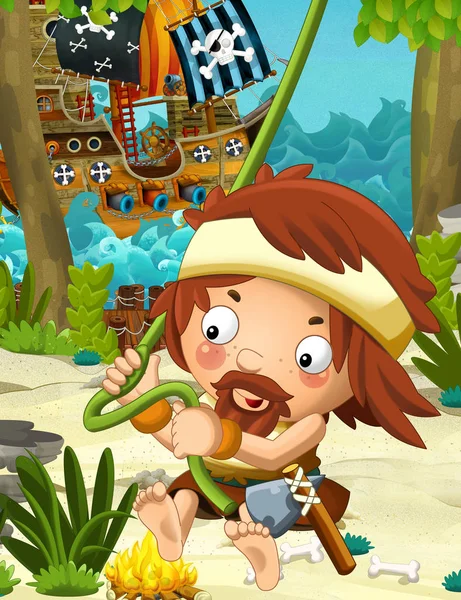 Cartoon holbewoner op de oever - piratenschip op de illustratie van de water - kapitein van het schip - voor kinderen — Stockfoto