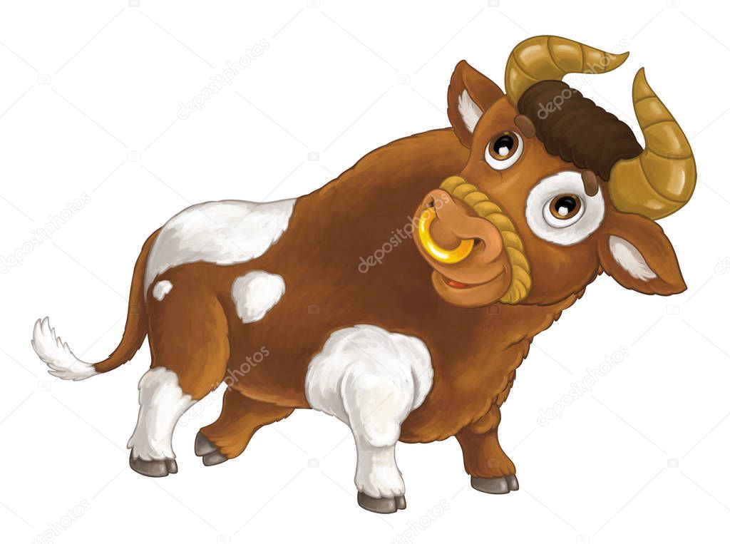 cheerful bull is running, smiling and looking