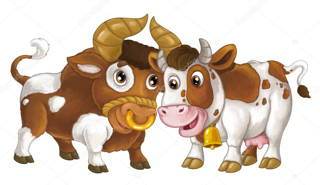 bull and cow are standing smiling and looking on each other