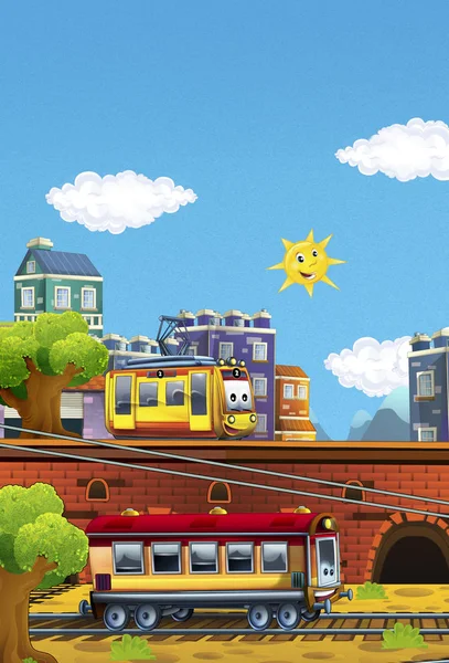 Karikatür mutlu ve komik trenler - şehir manzarası — Stok fotoğraf