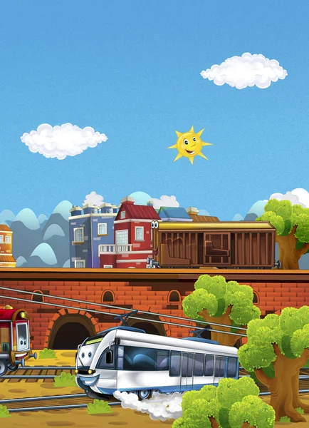 Мультфильм счастливые и смешные поезда — стоковое фото