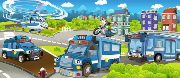 Polis görev - renkli ve neşeli sahne - illüstrasyon çocuklar için çizgi film sahne farklı makineleri ile — Stok fotoğraf