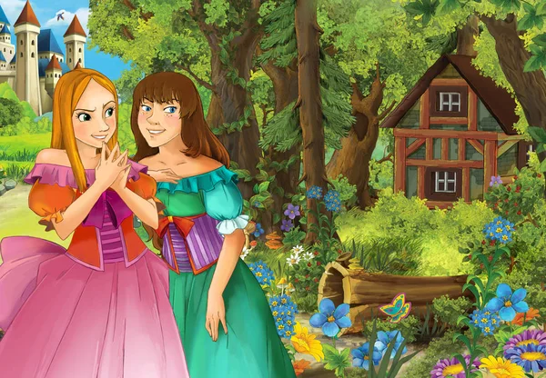 Очаровательные девушки у леса с деревянным домом — стоковое фото