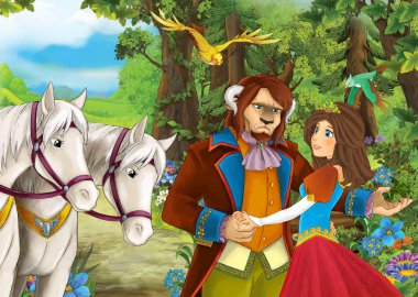 Çift ve atları orman yoluna yakın: