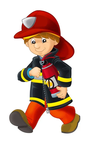 Happy and funny fireman walking with extinguisher — Stock Photo, Image