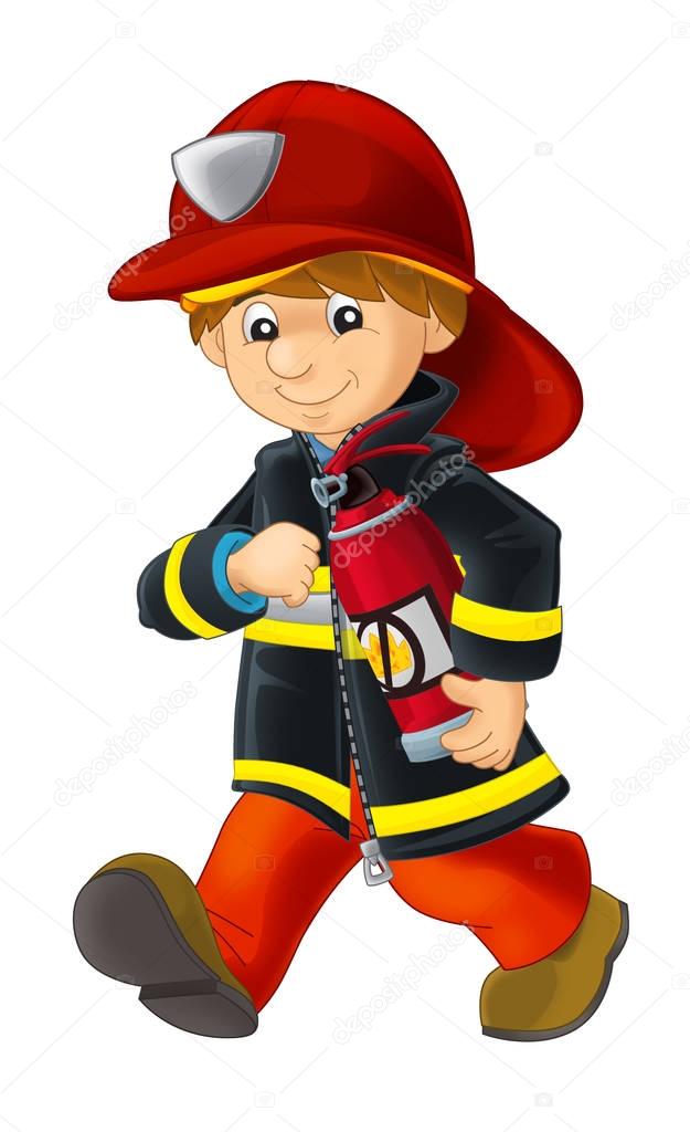 happy and funny fireman walking with extinguisher 