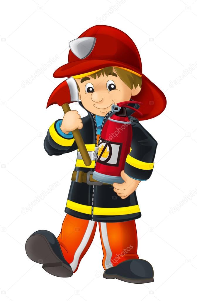 fireman with oxygen tank axe and extinguisher 