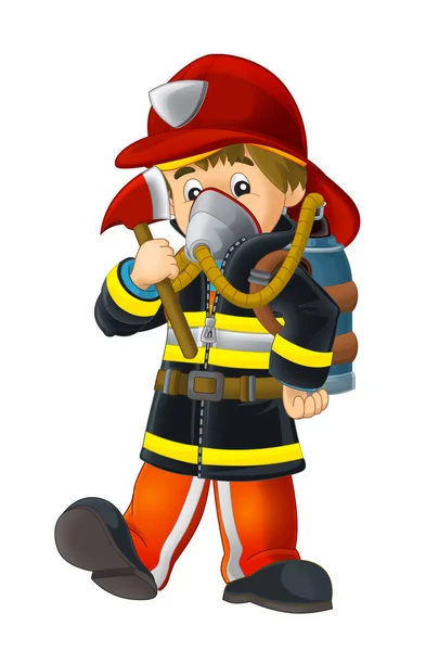 Cartoon happy and funny fireman with oxygen tank and axe - isolated - illustration for children — Stock Photo, Image