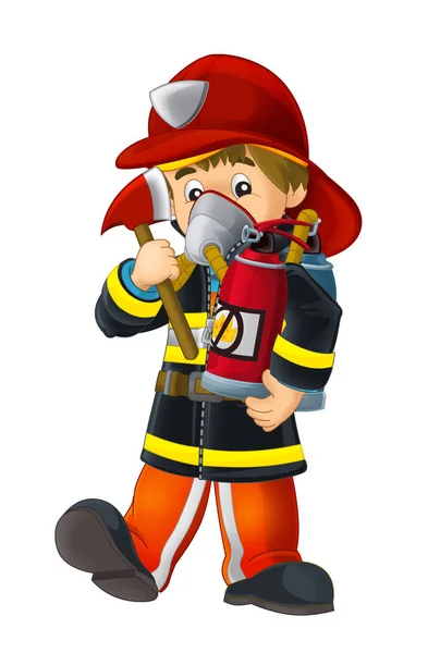 Brandweerman met zuurstof tank bijl en brandblusser — Stockfoto