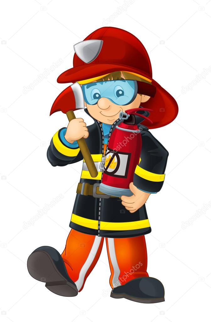 funny fireman with axe and extinguisher