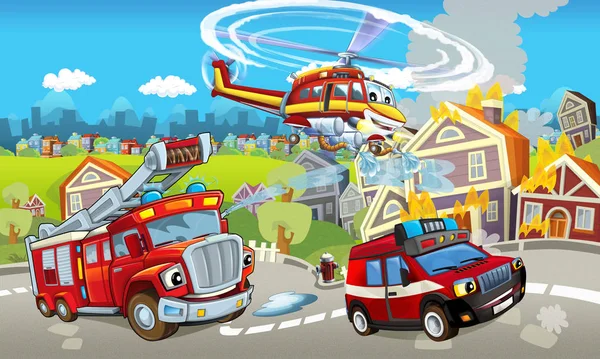 Estágio dos desenhos animados com diferentes máquinas para combate a incêndios — Fotografia de Stock