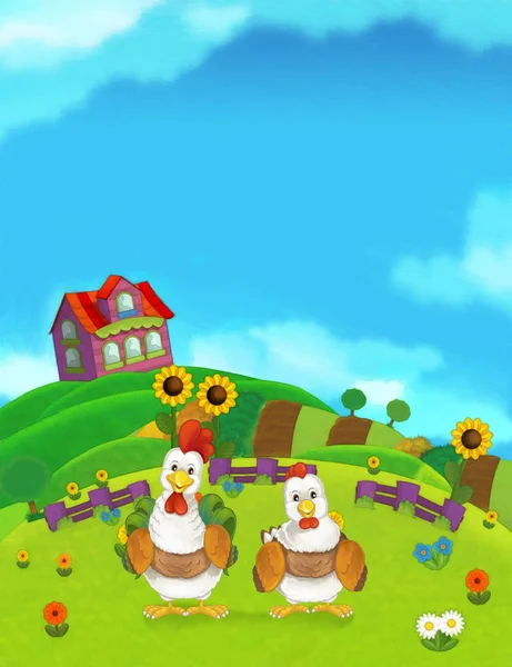 Zeichentrickszene Mit Nutztier Hühnern Illustration Für Kinder — Stockfoto