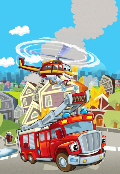 cartoon scene of fire fighting vehicles