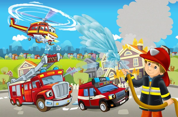 Cartoon stage with different machines for firefighting