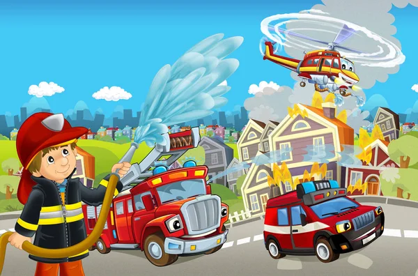 Cartoon podium met verschillende machines voor brandbestrijding — Stockfoto
