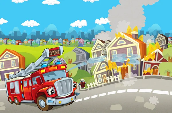 Estágio dos desenhos animados com caminhão para combate a incêndios — Fotografia de Stock