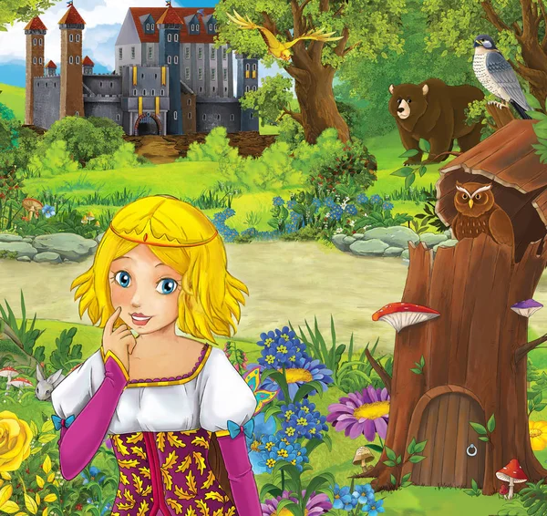 Princess in front of castle - standing in the forest — Stock Photo, Image