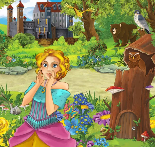 Princess in front of castle - standing in the forest — Stock Photo, Image
