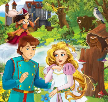 Prens ve Prenses kale - büyücü arka plan önünde