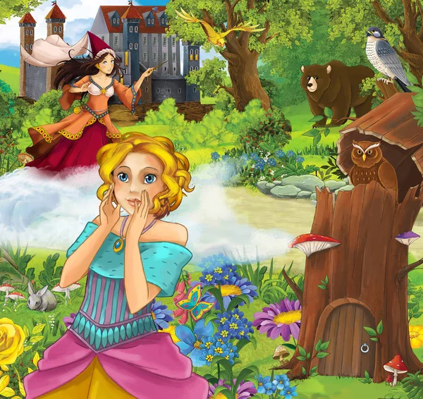 Princess in front of castle - standing in the forest — Stock Photo, Image