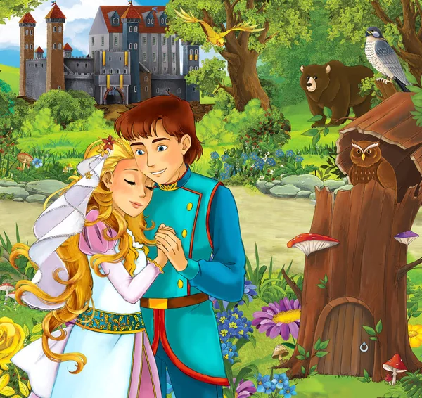 Príncipe y princesa frente al castillo - de pie en el bosque — Foto de Stock