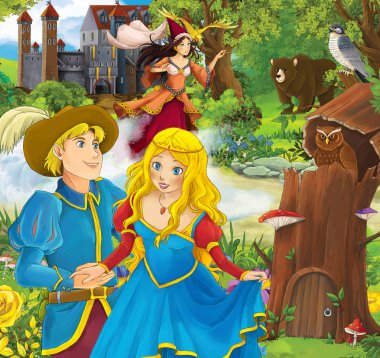 Prens ve Prenses kale - büyücü arka plan önünde