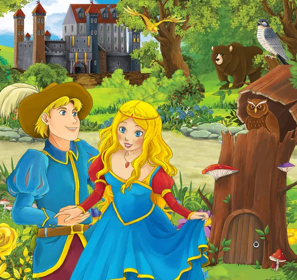 Prins och prinsessa framför slottet - stående i skogen — Stockfoto
