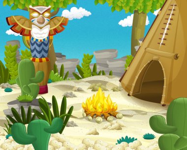 Çizgi film sahne tee pee ve vahşi doğada totem