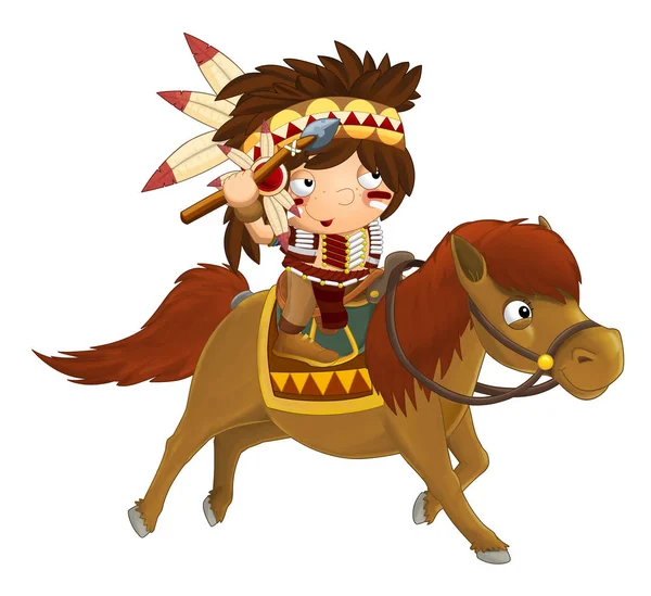 Desenhos animados indiana ocidental em cavalo de corrida e atacando - isolado - ilustração para crianças — Fotografia de Stock